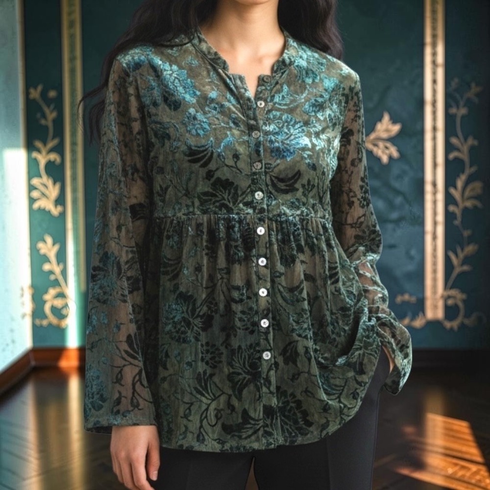 Velvet Burnout Mesh Floral Blouse Blue Green Whimsygoth Fairy Grunge Small (4-6)